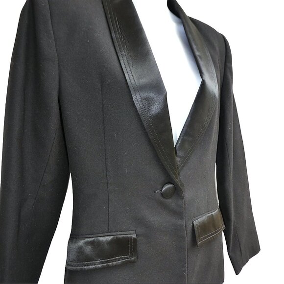 Vintage Tuxedo Blazer Black Suitsme Liquid Satin Lapel Flaps Buttons USA 6 Small - Picture 3 of 7